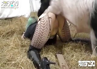 Green-haired chick gets banged and creampied by a fat pig in a barn